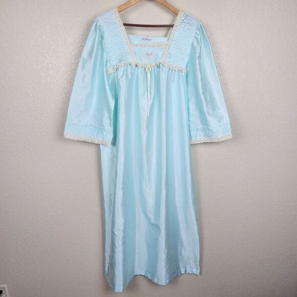 Miss Elaine Vintage Blue Green Satin Nylon Maxi Nightgown Lace Floral Women L - Picture 13 of 16